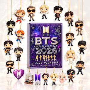 May include: A purple BTS 2026 Adventa Calendar box featuring the text Love Yourself, surrounded by numerous hanging acrylic ornaments depicting various cartoon-style figures, musical instruments, and the BTS logo in heart and shield shapes.