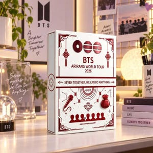 May include: A white rectangular box featuring maroon graphics and text reading BTS ARIRANG WORLD TOUR 2026 and SEVEN TOGETHER, WE CAN DO ANYTHING. The design includes illustrations of a microphone, diamonds, and seven silhouettes.