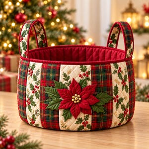 May include: A round quilted fabric storage basket featuring a festive pattern of red and green plaid panels alternating with cream-colored sections decorated with holly leaves and red berries, topped with a large red poinsettia flower applique.