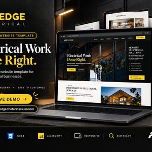 May include: A laptop and smartphone displaying the VoltEdge Electrical website template. The screen shows a black, white, and yellow design with the text 'Electrical Work Done Right.' The layout includes sections for professional services, a live demo button, and a URL link.