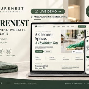 May include: A website template for a cleaning service named PURENEST displayed on a laptop and smartphone screen. The design features a cream background with dark green text, including the slogan A Cleaner Space. A Healthier You.