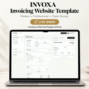 Op de afbeelding: Een laptopscherm toont de Invoxa Invoicing Website Template, met een dashboard, een formulier voor nieuwe facturen en klantfactuurvelden. De tekst luidt Invoxa Invoicing Website Template en invoxa.chfarhanliaqat.online.