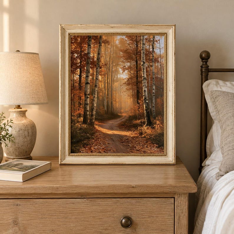 Autumn Forest Path Painting, Golden Birch Trees Printable Wall Art ...