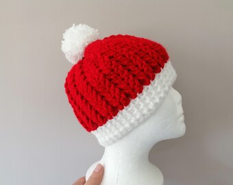 bonnet FEMME NOEL - rouge blanc - christmas crochet hat - fetes de fin d'annee