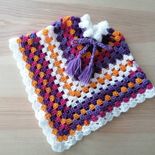 poncho  crocheté - rose violet blanc 3/6 MOIS