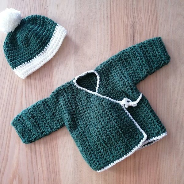 ENSEMBLE brassiere - bonnet NAISSANCE ( crochet layette vert )