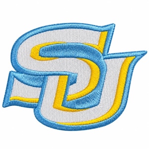 May include: An embroidered patch featuring the letters S and U intertwined. The design uses a bright blue thread for the borders, a white thread for the inner fill, and a vibrant yellow thread for the accent lines within the letters.