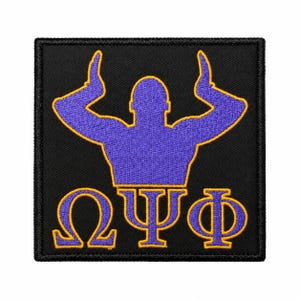May include: A square embroidered patch with a black background featuring a purple silhouette of a person with arms raised in a V-shape, outlined in gold. Below the figure are the Greek letters Omega, Psi, and Phi in purple with gold borders.