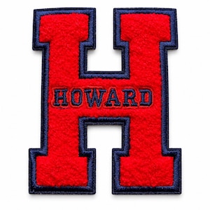 May include: A varsity-style letter H patch featuring a bright red felt-like texture with a thick navy blue embroidered border. The word HOWARD is stitched in navy blue capital letters across the center of the letter H, creating a bold design.