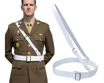 Biały skórzany pas Sam Browne z licowej skóry | Szelki naramienne dla oficera wojskowego, rekonstrukcja, cosplay