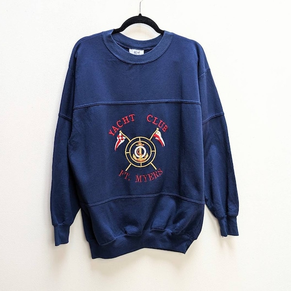 Blue Graphic Sweatshirt Vintage Sweatshirt Embroidered Sweatshirt Yacht Club Sweater Navy Jumper Graphic Sweater Vintage Embroidered Jumper