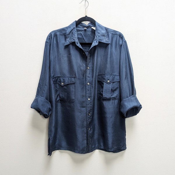 Blue Silk Shirt Vintage Silk Shirt Medium Silk Button Down Shirt Blue Silk Button Up Shirt Men's Silk Shirt Navy Silk Shirt Vintage Shirt M