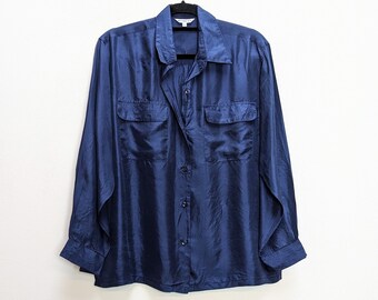 Blue Silk Blouse Vintage Silk Shirt Blue Blouse Large Blouse Blue Silk Shirt Women's Blouse Blue Shirt Large Silk Blouse Vintage Blouse L