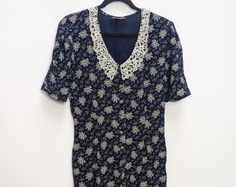 Floral Jumpsuit Vintage Jumpsuit Navy Jumpsuit XS Floral Patterned Jumpsuit Lace Collar Jumpsuit Women's Jumpsuit Vintage Blue Jumpsuit XS