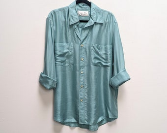 Chemise en soie turquoise Chemise en soie vintage Medium Chemise boutonnée en soie turquoise Chemise en soie pour homme Chemise vintage Medium M