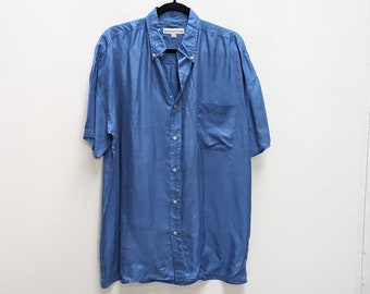 Blue Silk Shirt Vintage Silk Short Sleeve Shirt Medium Silk Button Down Shirt Blue Silk Button Up Shirt Vintage Silk Shirt Men's Silk Shirt