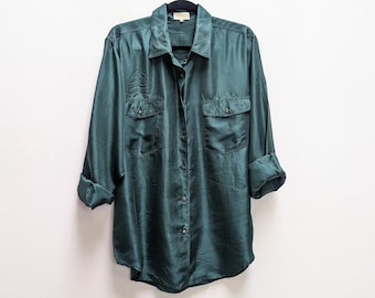 Green Silk Shirt Vintage Silk Shirt Medium Silk Button Down Shirt Green Silk Button Up Shirt Men's Silk Shirt Vintage Green Silk Shirt M