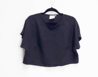 Crop Top nero ricamato vintage crop top xl crop top donna nero ricamo floreale Crop Top Vintage Oversize Crop Top Ricamato