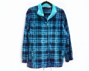 Blue Plaid Fleece Vintage Fleece Jacket Blue Plaid Jacket Fleece Sweatshirt Zip-Up Fleece Vintage Plaid Zip-Up Jacket Patterned Fleece Small