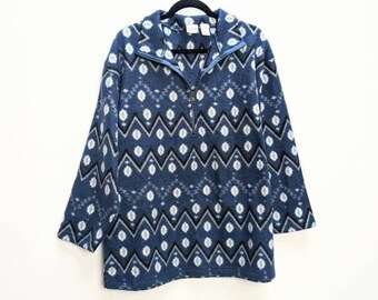 Vellón estampado azul Sudadera de lana vintage Media cremallera Sudadera estabulada estancada Sudadera azul Jersey de lana azul Sudadera de media cremallera Vellón vintage L