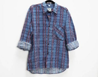 Blue Plaid Flannel Shirt Vintage Plaid Shirt Red Plaid Button Down Flannel Shirt Blue Check Button Up Shirt Vintage Flannel Button-Down L