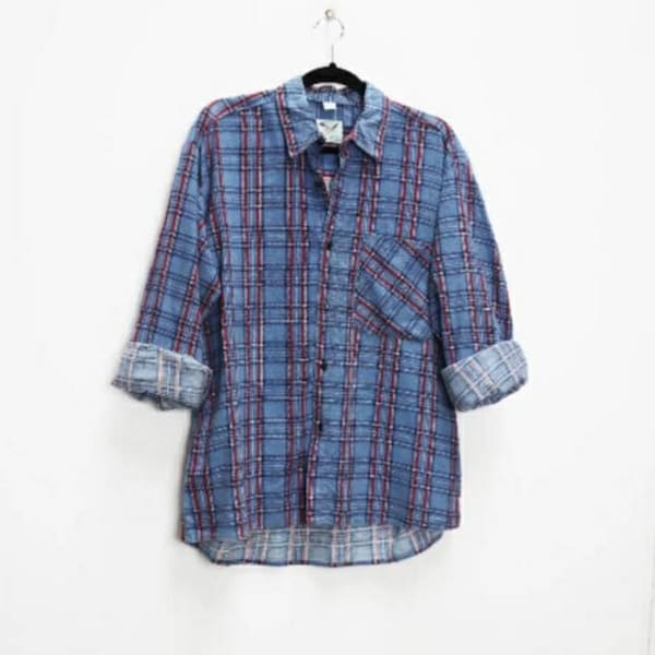 Blue Plaid Flannel Shirt Vintage Plaid Shirt Red Plaid Button Down Flannel Shirt Blue Check Button Up Shirt Vintage Flannel Button-Down L