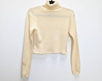 White Turtleneck Crop Top Vintage Rollneck Crop Top White Cropped Jumper Thin Knit Jumper Turtleneck Sweater Vintage Cropped Knit Jumper M