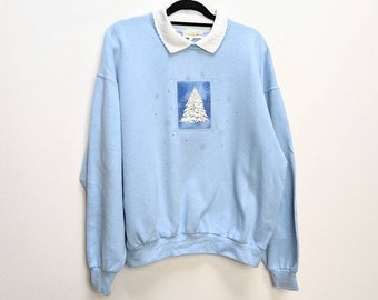 Christmas Sweatshirt Vintage Collared Sweatshirt Blue Sweatshirt Christmas Jumper Christmas Tree Graphic Sweatshirt Vintage Sweater Collared