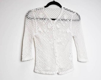 White Crochet Blouse Vintage Crochet Knit Top White Floral Crochet Top Women's White Crochet Knit Blouse Vintage White Crochet Floral Top XS