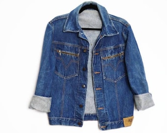 Chaqueta denim azul Vintage chaqueta de mezclilla pequeña Zip Denim chaqueta azul Jean chaqueta Unisex Denim chaqueta Vintage azul denim chaqueta con cremallera bolsillos