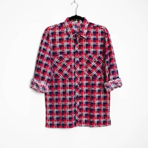 Pink Plaid flannel camisa Vintage azul plaid camisa franela botón abajo camisa rosa comprobar botón hacia abajo franqueo Vintage plaid franela botón hasta M