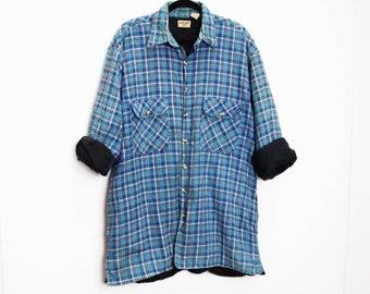 Camisa de franela a cuadros azul Vintage Shacket Camisa de franela forrada Camisa de franela a cuadros Chaqueta de franela azul Check Shacket Camisa a cuadros de color vintage Camisa a cuadros Azul Check XL