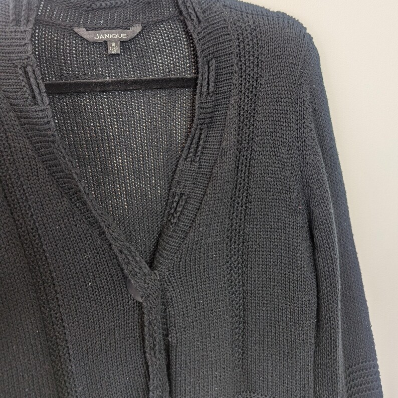 May include: Black knitted cardigan with a v-neck and button closure. The cardigan has a ribbed texture and is made of a lightweight material.