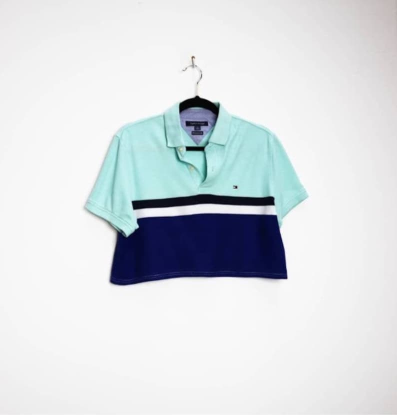 Tommy Hilfiger Crop Top Vintage Cropped Polo Top Blue Stripe Crop Top Stripe Tommy Hilfiger Cropped Polo Top Vintage Striped Crop Top Large