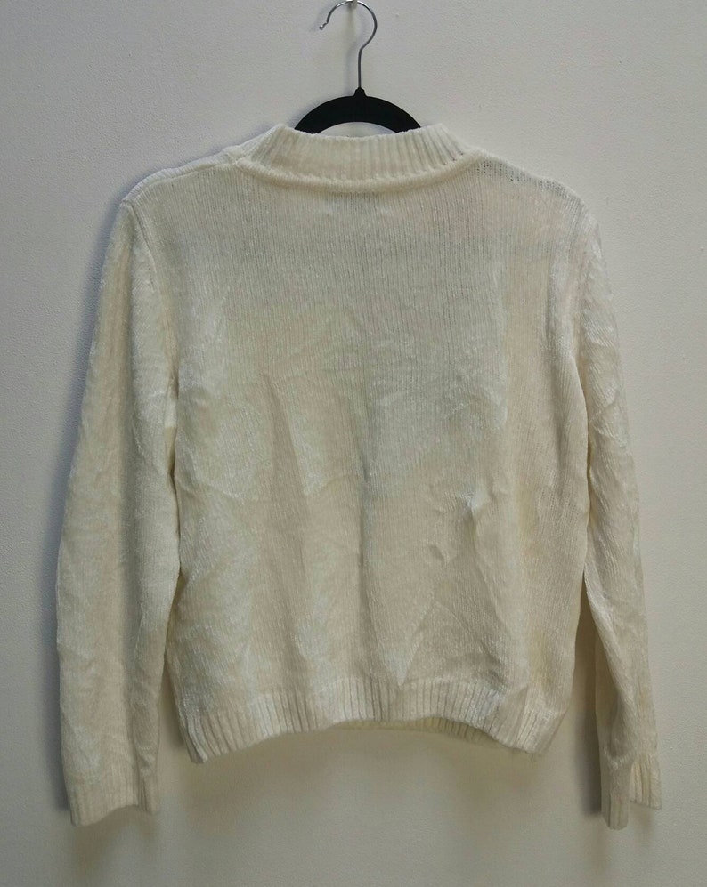 Embroidered Chenille Jumper Vintage White Chenille Sweater Knit Floral Embroidery Purple Lilac Blue Flower Embroidered Chenille Jumper White