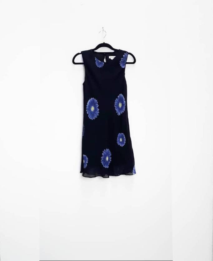 Image of Black Floral Dress Vintage Blue Small Women's Print Pattern