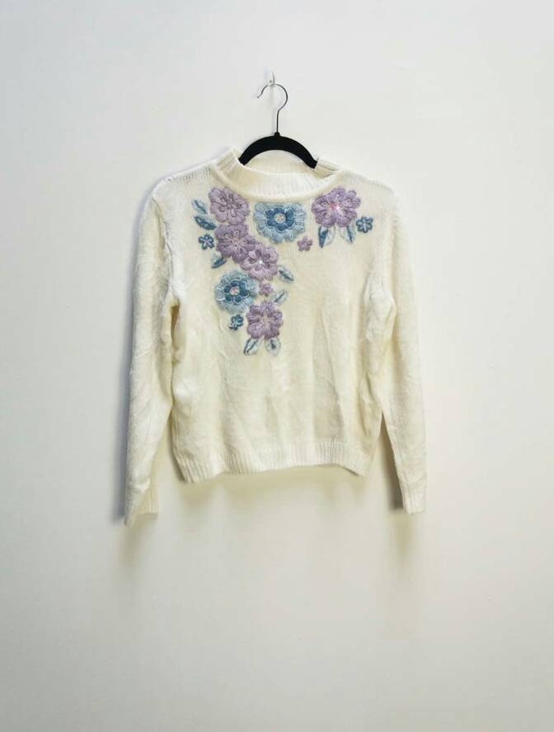 Embroidered Chenille Jumper Vintage White Chenille Sweater Knit Floral Embroidery Purple Lilac Blue Flower Embroidered Chenille Jumper White