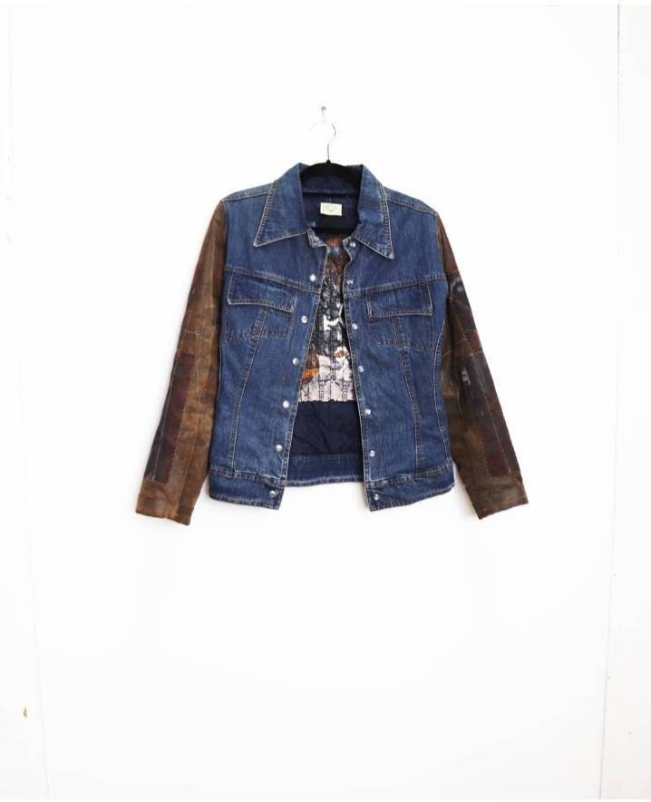 Image of Blue Denim Jacket Suede Leather Contrast Sleeves Small Women's Vintage