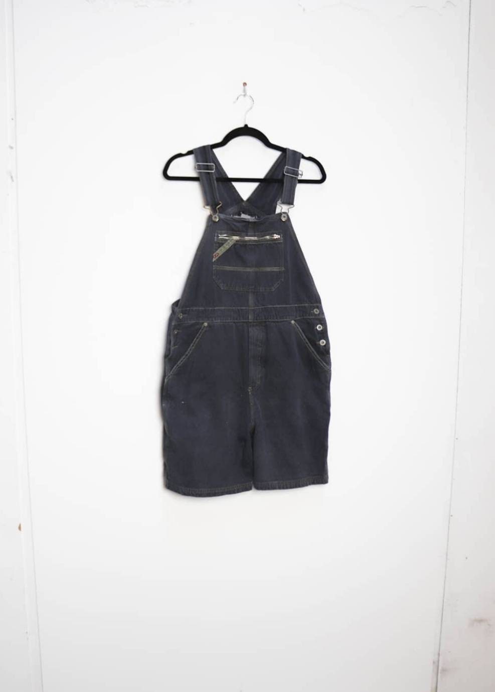 Image of Black Denim Dungarees Vintage Overalls Washed Short Washed-Black Shorts M