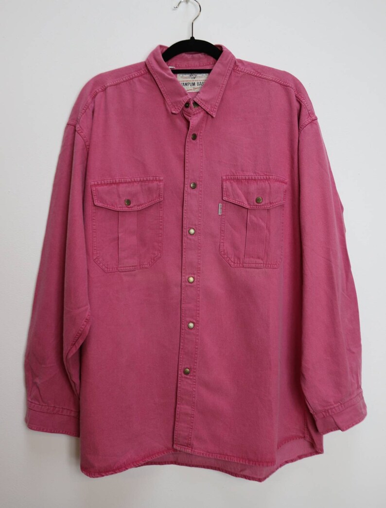 Pink Denim Shirt Vintage Bright Pink Chambray Shirt Oversize Denim Shirt Pink Chambray Button Down Shirt Vintage XXL Denim Button Up Shirt