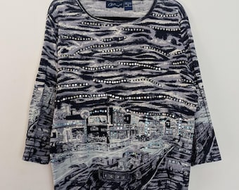 Top gráfico de lentejuelas Top vintage de lentejuelas Top gráfico urbano Mangas 3/4 Top estampado negro Top de lentejuelas Top mediano para mujer Top vintage urbano