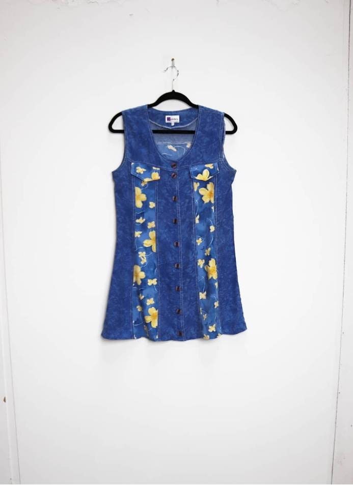 Image of Blue Floral Dress Vintage Button Down Yellow Mini Medium Mini-Dress Button-Down