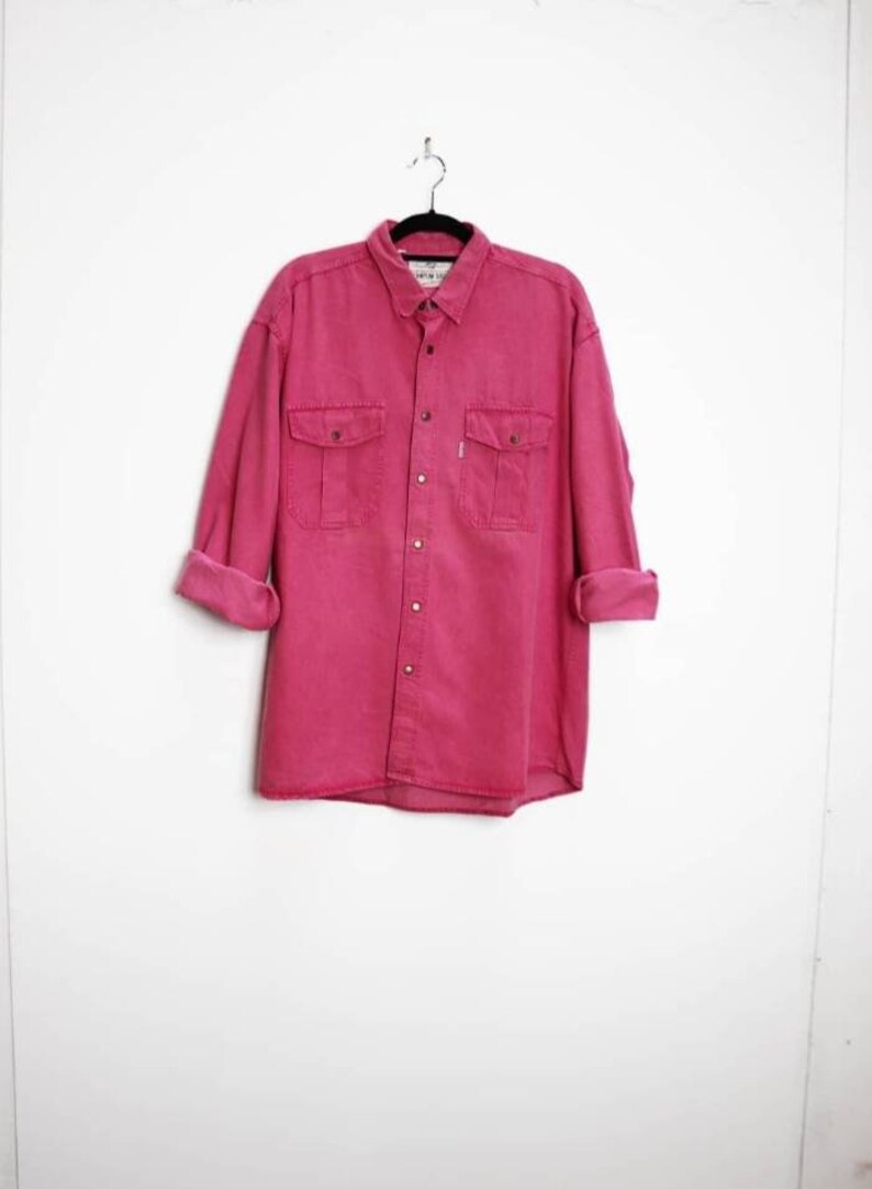 Pink Denim Shirt Vintage Bright Pink Chambray Shirt Oversize Denim Shirt Pink Chambray Button Down Shirt Vintage XXL Denim Button Up Shirt