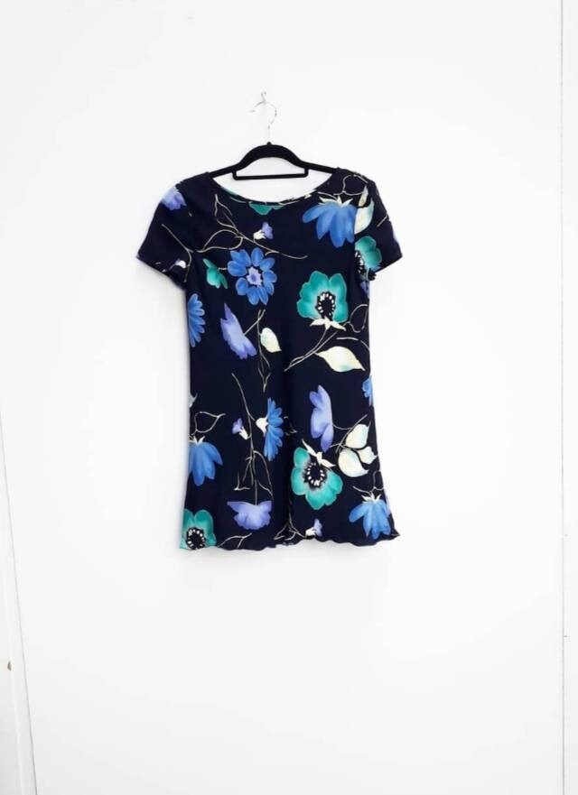 Image of Black Floral Dress Vintage Blue Mini Flower Print Mini-Dress Women's Medium Green