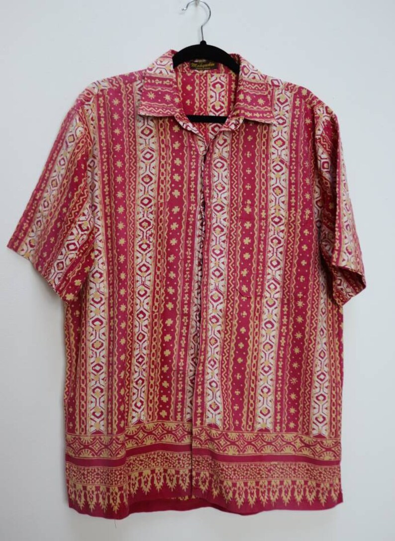 Red Patterned Shirt Vintage Patterned Button Up Short Sleeve Shirt Large Button Up Shirt Vintage Red Pattern Short Sleeve Button Down Shirt