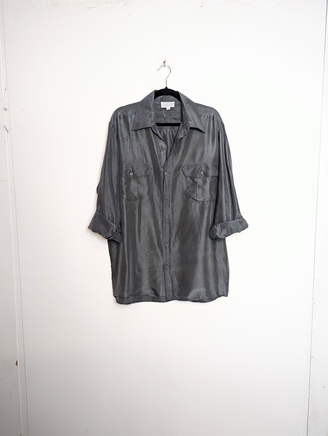Grey Silk Shirt Vintage Silk Shirt XL Silk Button Down Shirt - Etsy