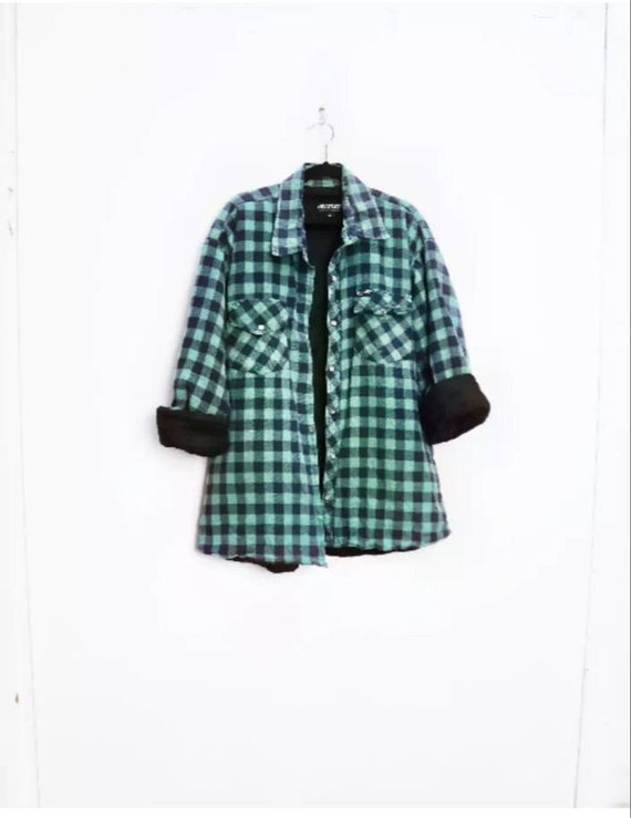 Green Checkered Flannel Shirt Vintage Check Flannel Jacket Navy Checkered Shacket XL Flannel Shirt Checkered Jacket Vintage Check Shacket XL
