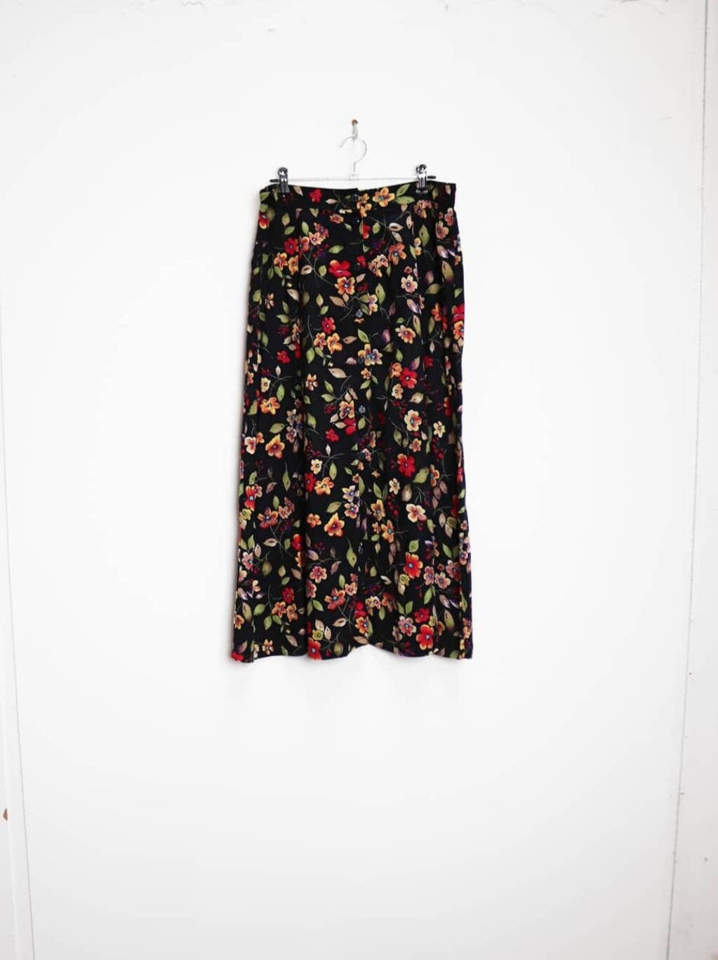 Image of Black Floral Midi Skirt Vintage Button-Down Large Button Down Midi-Skirt L