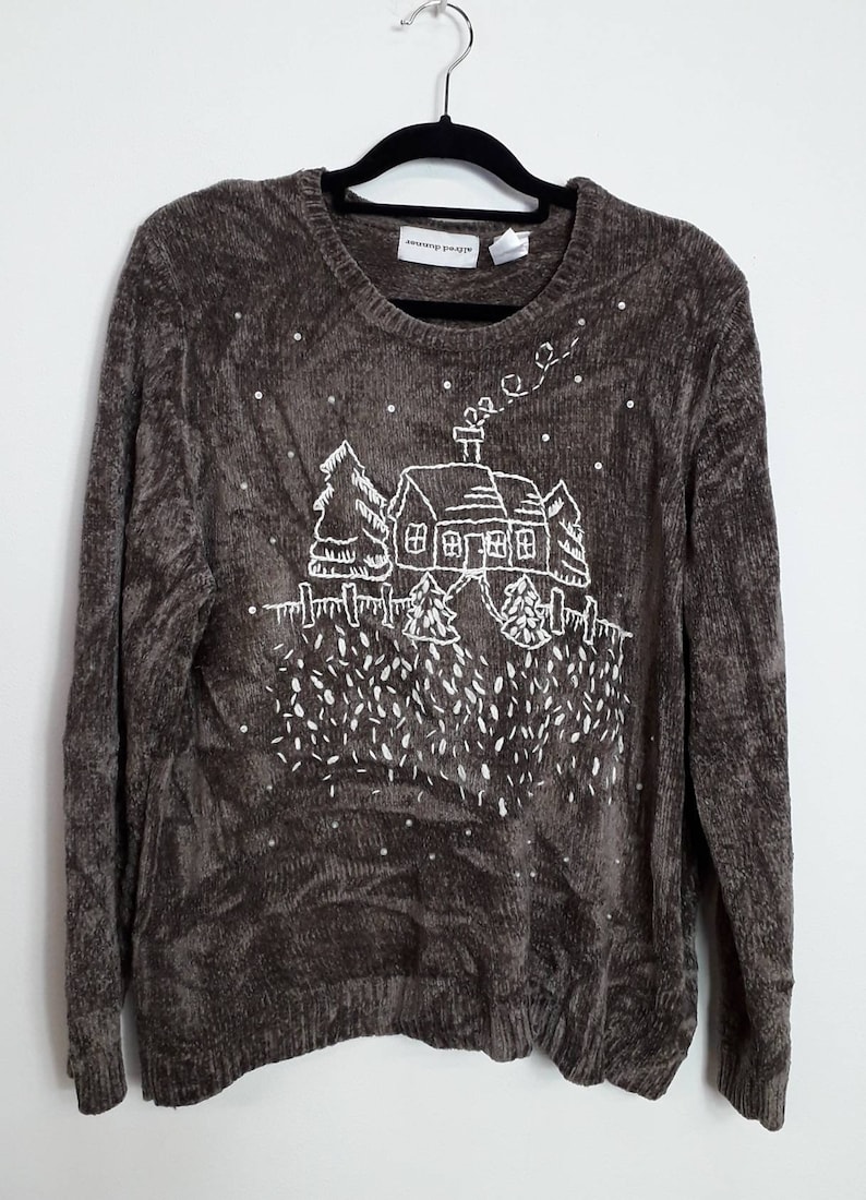 Embroidered Chenille Jumper Vintage Brown Chenille Sweater Vintage Oversize Knit Jumper House Scene Embroidered Sweater Brown Chenille Knit