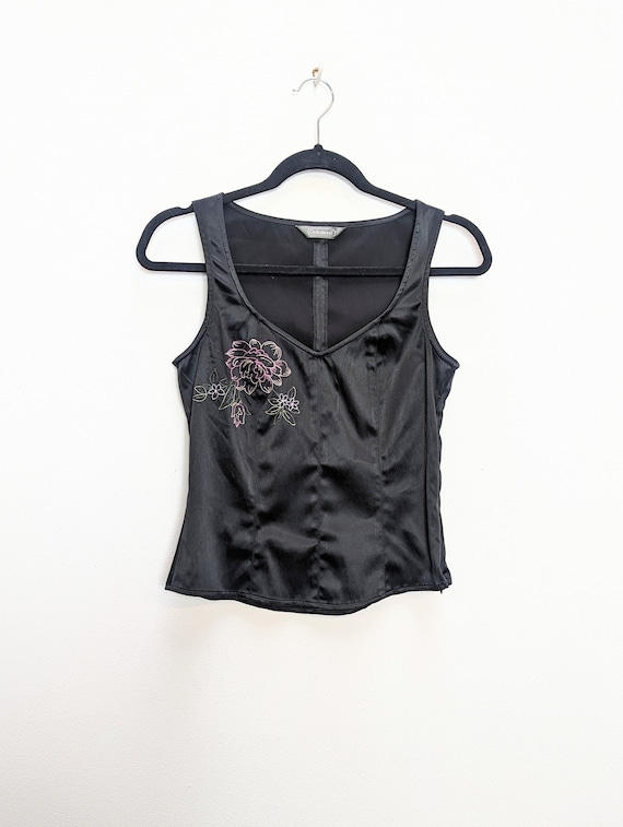 Black Floral Top Vintage Black Top Floral Embroidered Top Sleeveless Top Shiny Black Top Women's Top Small Embroidered Top Vintage Top Small